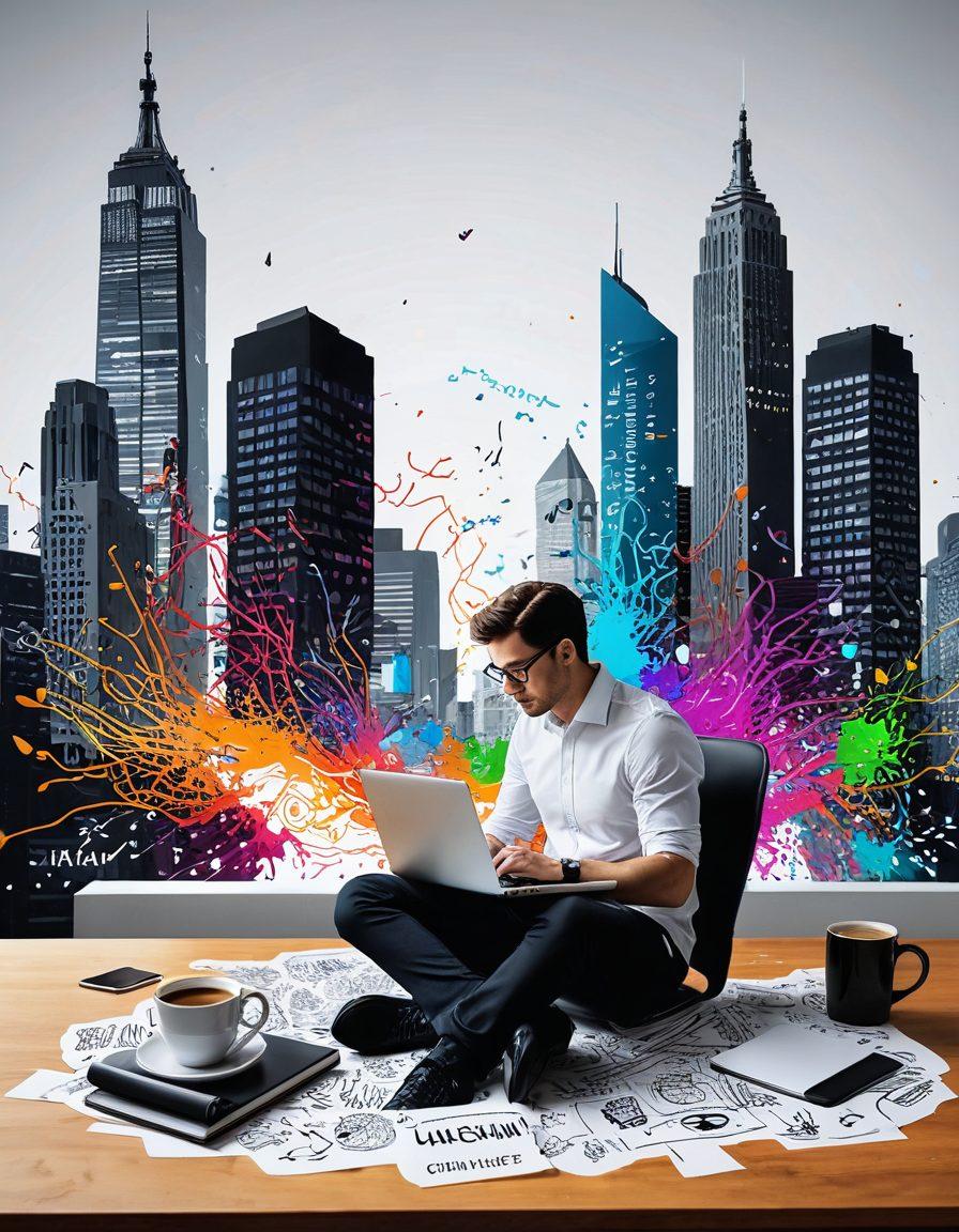A dynamic scene of a thoughtful writer at a modern workspace, surrounded by floating digital ideas in the form of colorful icons and words, symbolizing the transition from thoughts to impactful writing. Include elements like a laptop, notepad, and coffee, with a backdrop of a vibrant city skyline to represent digital connectivity. Energetic and inspiring atmosphere, showcasing creativity and productivity. super-realistic. vibrant colors. white background.