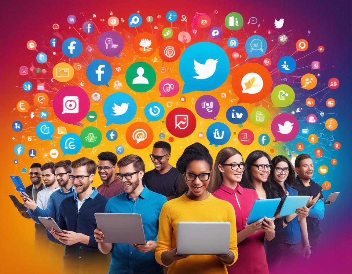 A vibrant digital collage showcasing diverse individuals engaging with content on various devices, surrounded by social media icons and graphs representing audience growth. Include elements like megaphones, hashtags, and share arrows to symbolize effective online sharing strategies. The background should be colorful and dynamic, conveying energy and collaboration. super-realistic. vibrant colors. 3D.