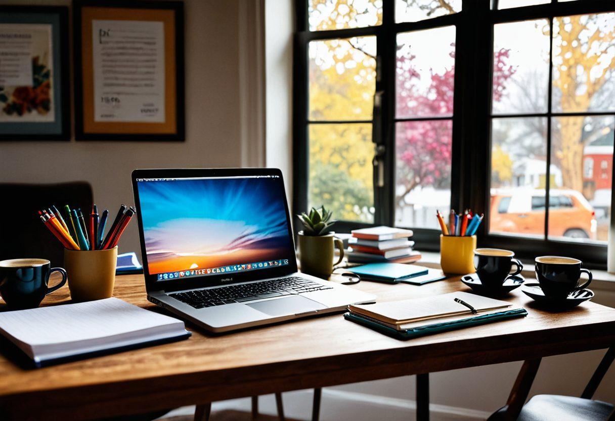 A vibrant, inspirational workspace featuring a laptop open to a blank document, surrounded by colorful notebooks, pens, and a steaming cup of coffee. In the background, a bright window showing a sunny day, symbolizing creativity and fresh ideas. Include motivational quotes framed on the wall. super-realistic. vibrant colors. cozy atmosphere.